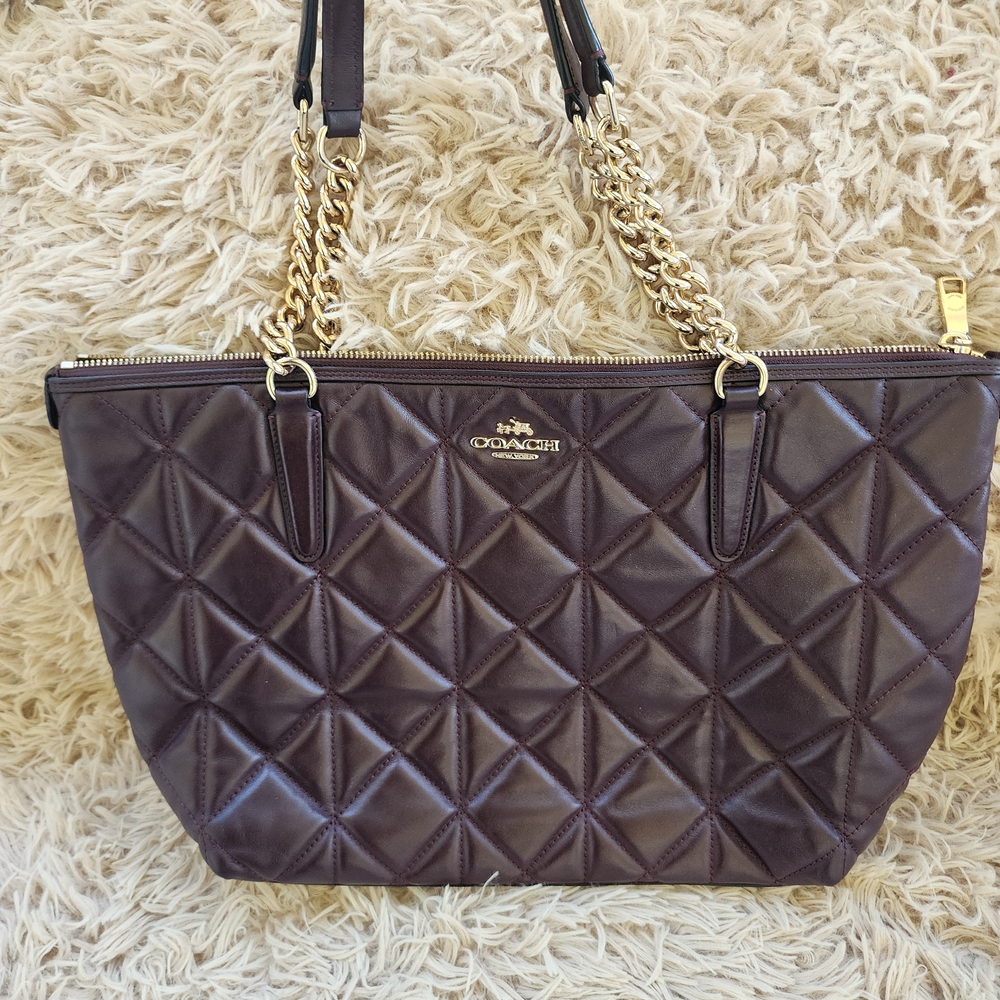 Coach Quilted Shoulder Bag in Dark Brown and Gold